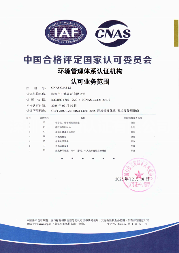 環(huán)境CNAS批準(zhǔn)書