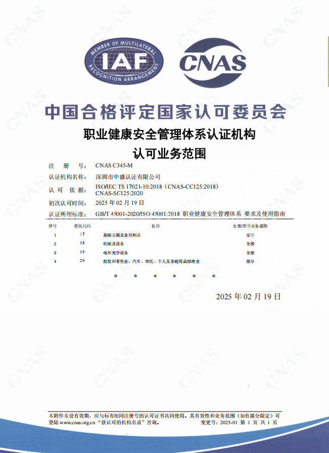 職業(yè)健康安全CNAS批準(zhǔn)書